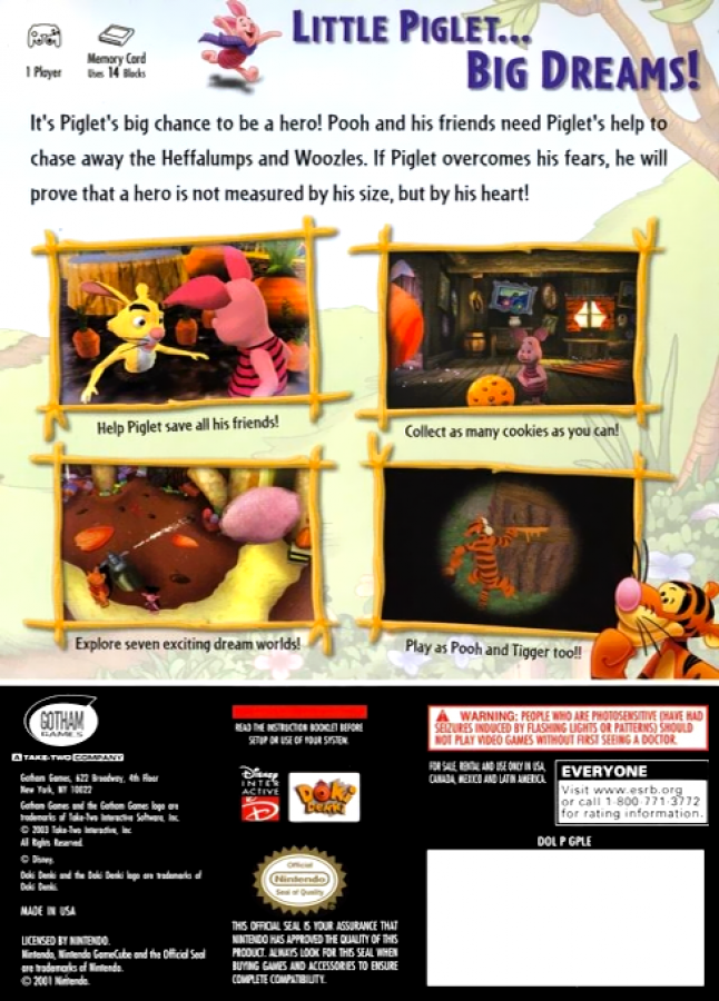 Piglet's BIG Game back of case for Nintendo GameCube (GC) children's adventure video game