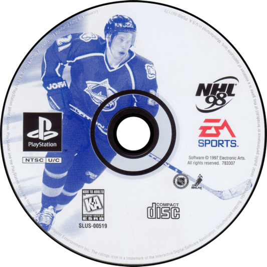 NHL 98 PlayStation 1 PS1 video game, ice hockey sports simulation, classic NHL teams and players, arcade-style gameplay disc