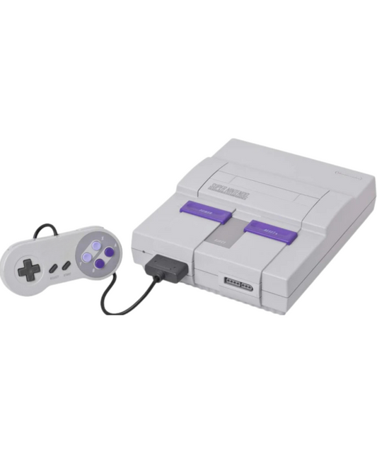 Front view of the original Super Nintendo Entertainment System (SNES) console with a third-party controller connected to a port.