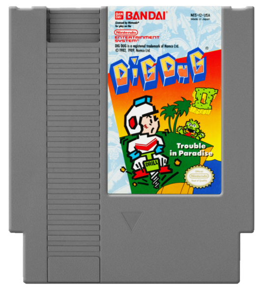 Dig Dug II Trouble in Paradise Nintendo Entertainment System NES video game featuring arcade action gameplay island exploration enemy digging rock crushing and air pump attacks strategic level challenges classic Dig Dug gameplay 8 bit retro video game collection collectible gaming appeal game cartridge