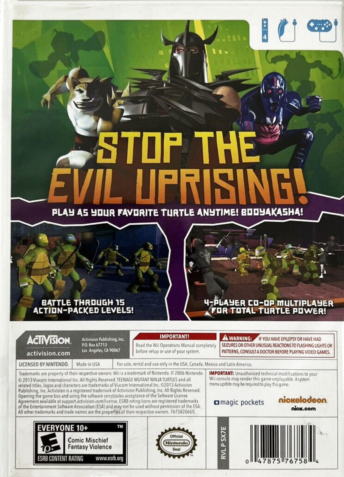 Teenage Mutant Ninja Turtles Nintendo Wii for action adventure video game fans featuring Leonardo Michelangelo Donatello and Raphael fast paced combat ninja moves enemy battles platforming challenges cooperative gameplay motion controls and classic TMNT entertainment collectible gaming appeal back cover art