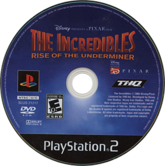 The Incredibles Rise of the Underminer PlayStation 2 PS2 video game, action adventure, Pixar movie tie-in, cooperative gameplay, family-friendly console title disc