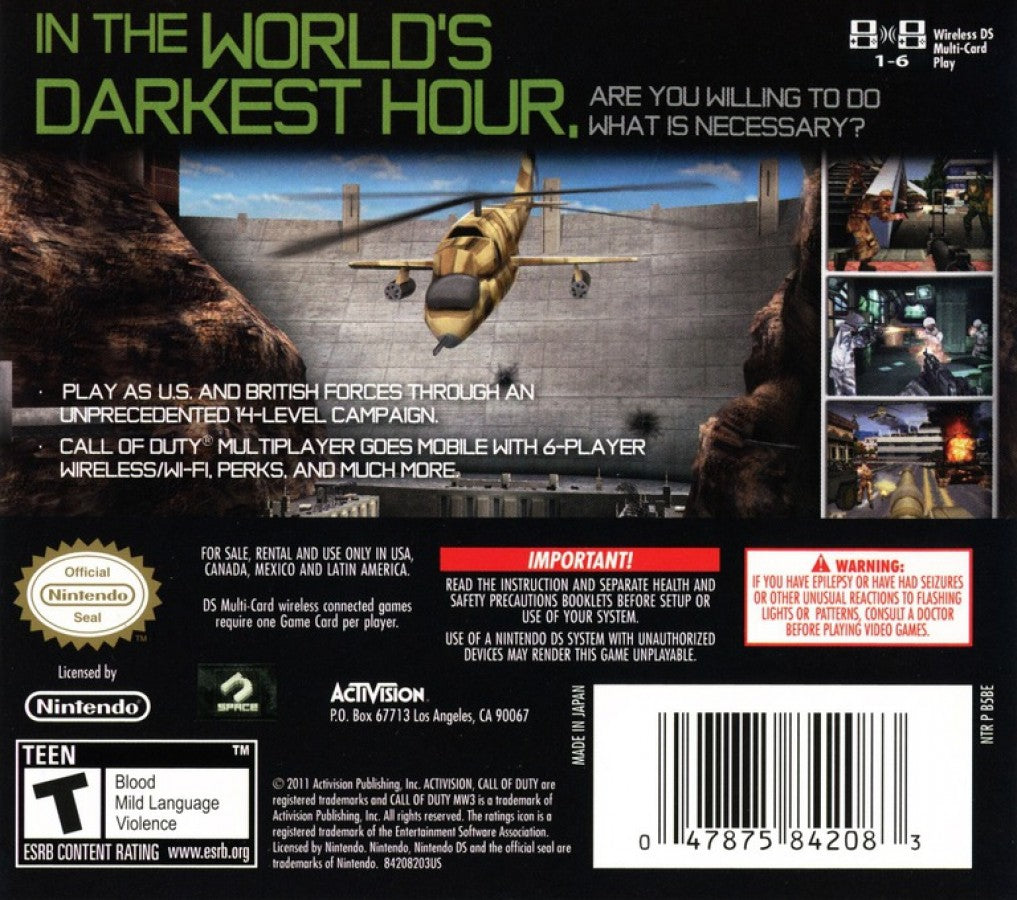 Call of Duty: Modern Warfare 3 back of case for Nintendo DS (DS) first-person shooter action video game