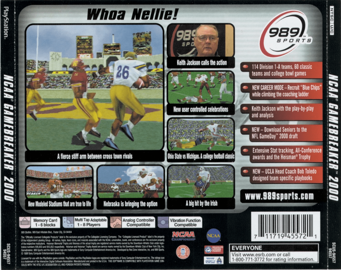 NCAA GameBreaker 2000 back of case for PlayStation 1 (PS1) retro football video game