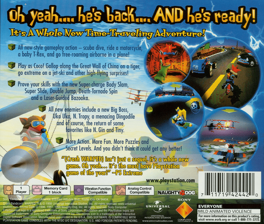 Crash Bandicoot: Warped back of case for PlayStation 1 (PS1) retro video game