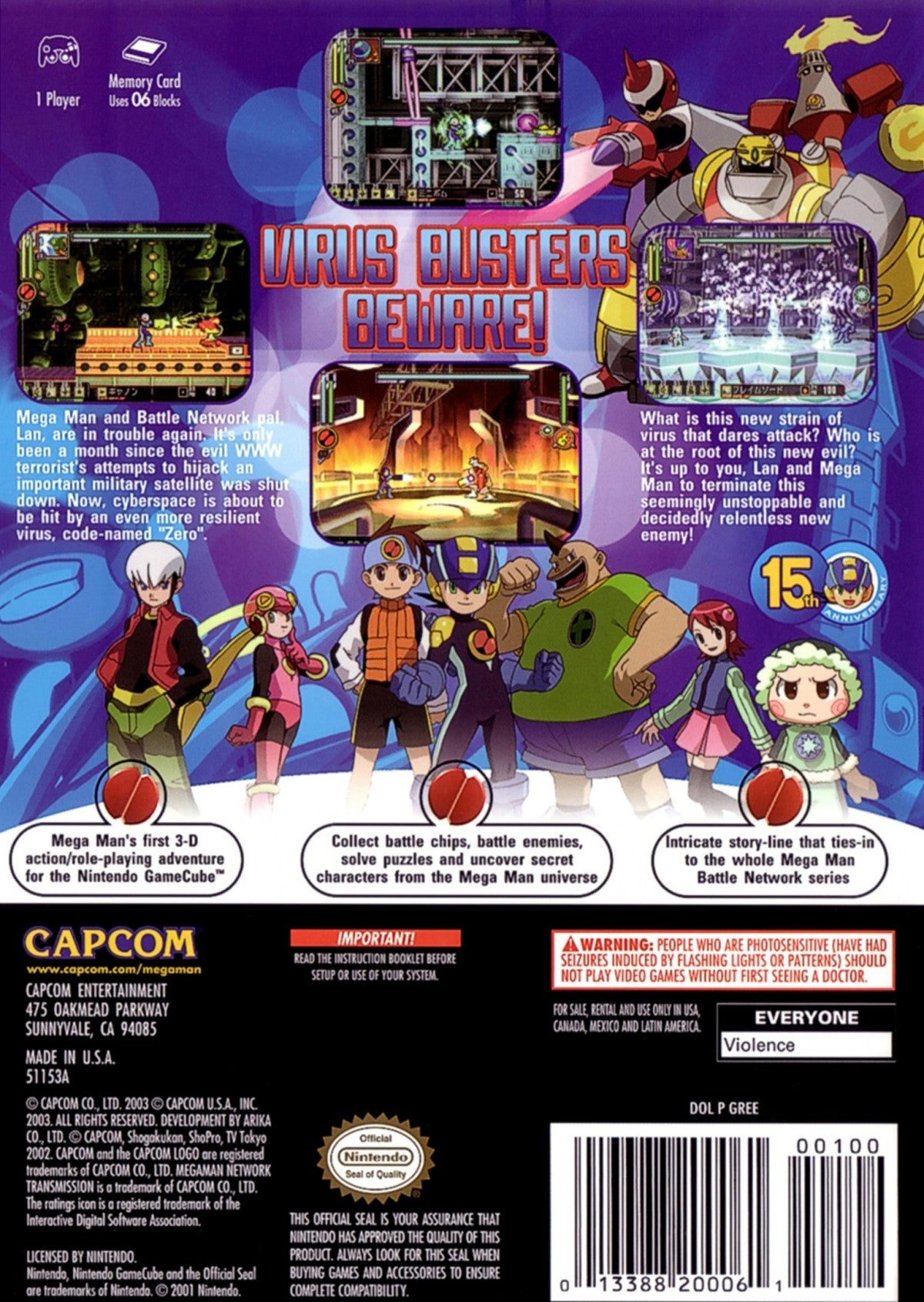 Mega Man Network Transmission GameCube GC video game, action platformer, MegaMan Battle Network series, sci-fi adventure, Nintendo GameCube title back cover