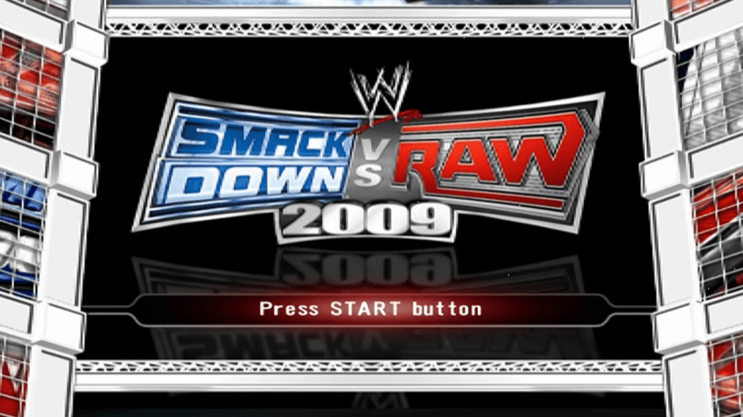 WWE SmackDown vs. Raw 2009 start screen for PlayStation Portable (PSP) professional wrestling fighting game