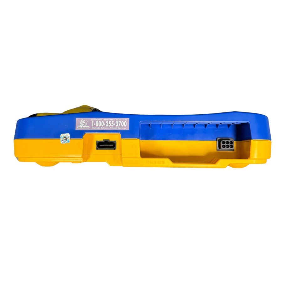 Pikachu Nintendo 64 Console N64 gaming system featuring Pikachu themed yellow console design iconic Pokémon styling built in controller ports cartridge based game support AV connectivity and classic Nintendo 64 hardware design collectible Pokémon and retro Nintendo gaming appeal back of console ports