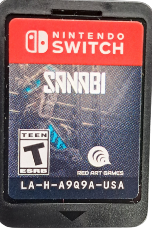 SANABI Nintendo Switch inspired design featuring cyberpunk action platform adventure aesthetic high speed grappling hook traversal dystopian futuristic cityscapes intense side scrolling combat pixel art visuals emotional storytelling challenging missions and stylish sci fi gameplay presentation cartridge