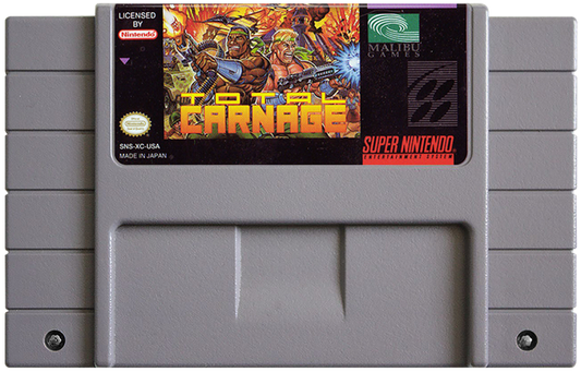 Total Carnage for Super Nintendo top down run and gun arcade shooter featuring explosive action rescue missions power ups and two player co op gameplay cartridge