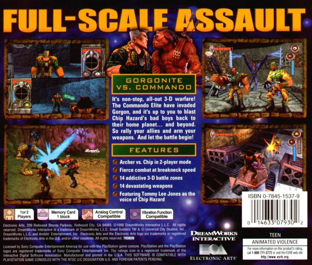 Small Soldiers game for the PlayStation featuring third person action gameplay with squad based mechanics mission objectives and combat between toy soldiers inspired by the film with varied weapons and character abilities back cover