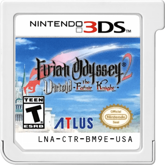 Etrian Odyssey 2 Untold The Fafnir Knight Nintendo 3DS video game featuring dungeon crawling role playing gameplay first person exploration party customization turn based combat map making character classes skill progression and classic Nintendo 3DS gameplay retro video game collection collectible gaming appeal cartridge