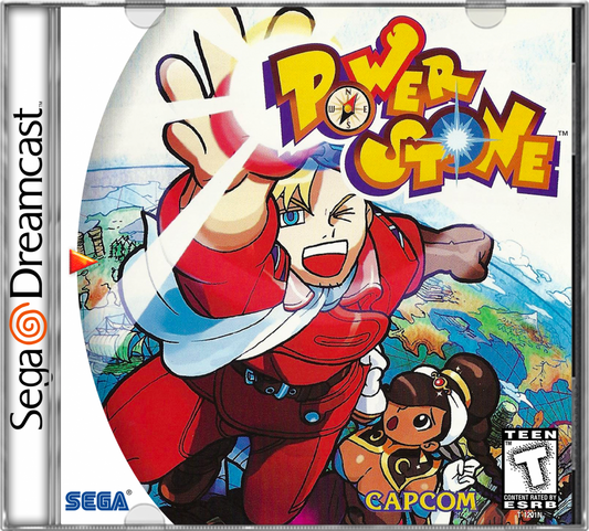 Power Stone Dreamcast featuring 3D fighting gameplay with vibrant characters and interactive arena environments cover art