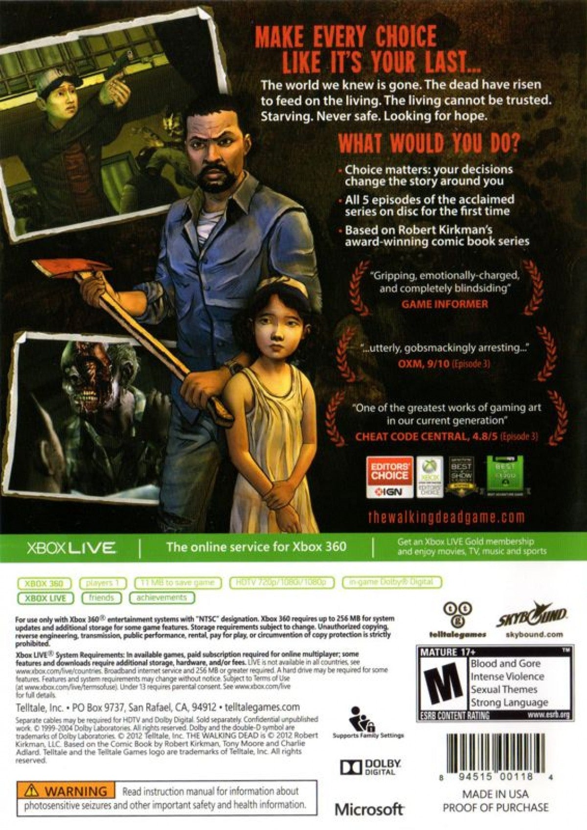The Walking Dead: A Telltale Games Series back of box for Xbox 360 (X360) episodic graphic adventure video game