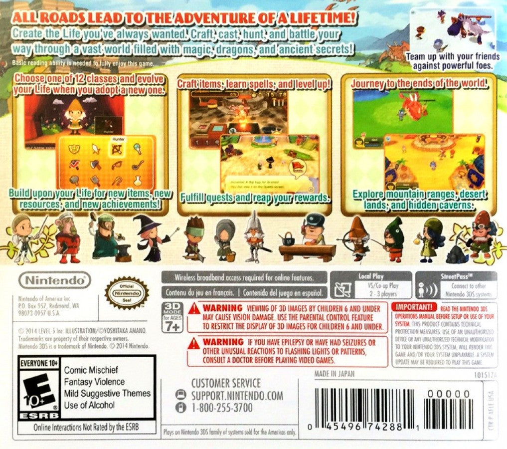 Fantasy Life Nintendo 3DS game featuring life simulation RPG gameplay with crafting professions open world exploration character customization and quest based adventure in a colorful fantasy setting back cover
