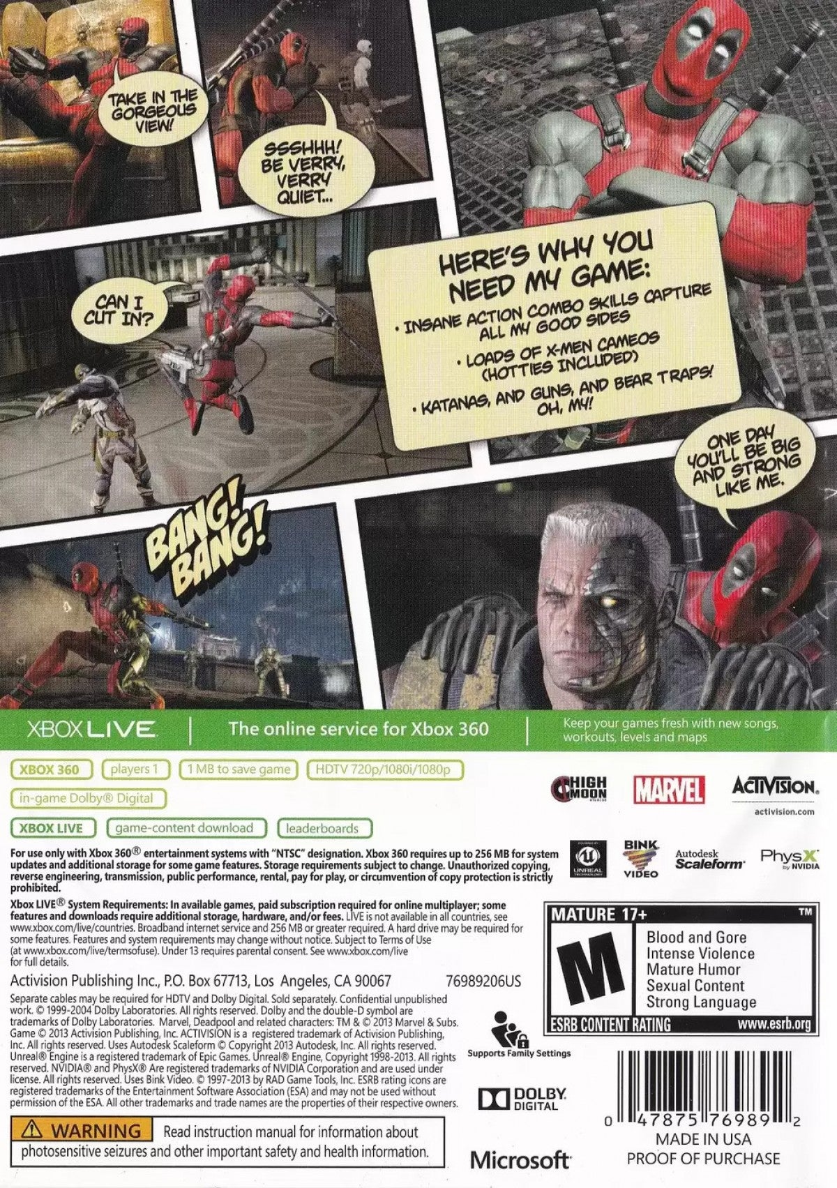 Deadpool Xbox 360 action hack and slash video game fourth-wall breaking humor by Marvel antihero guns sword back cover art