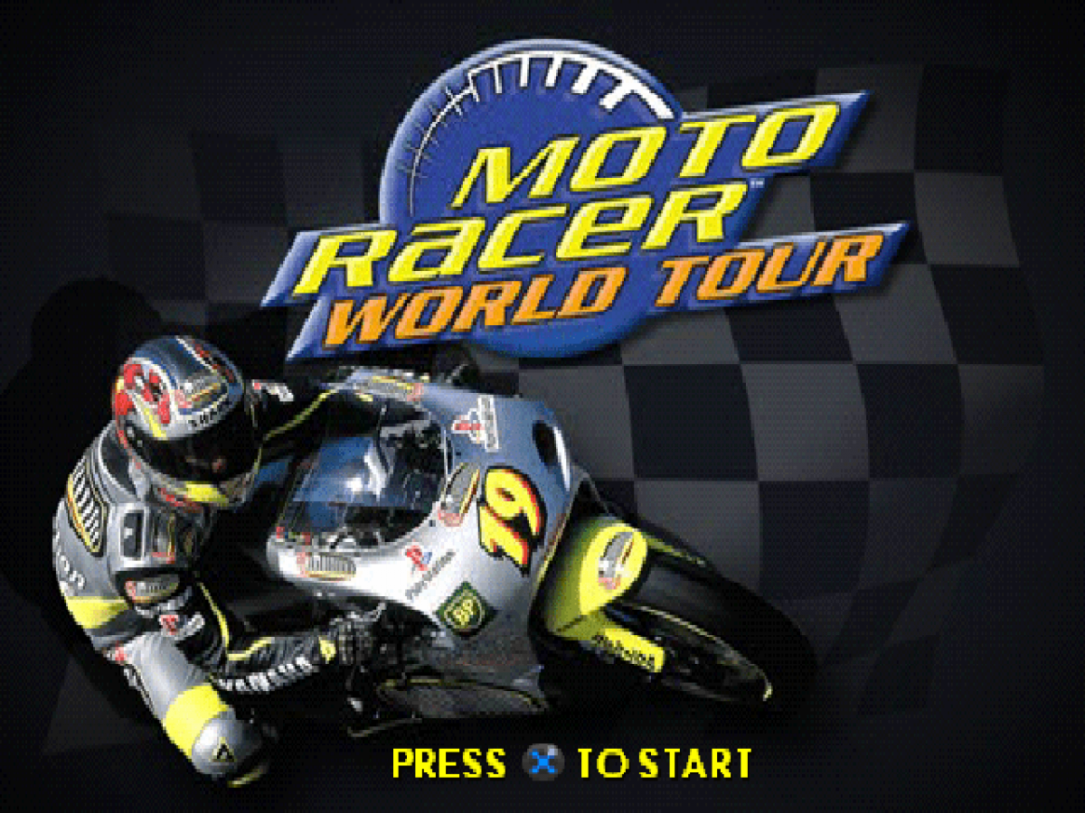 Moto Racer World Tour title card for PlayStation 1 (PS1) retro racing video game