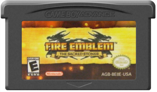 Fire Emblem: The Sacred Stones cartridge for the Game Boy Advance featuring tactical RPG gameplay with grid based battles character recruitment permadeath mechanics and a fantasy storyline set in the continent of Magvel game cartridge