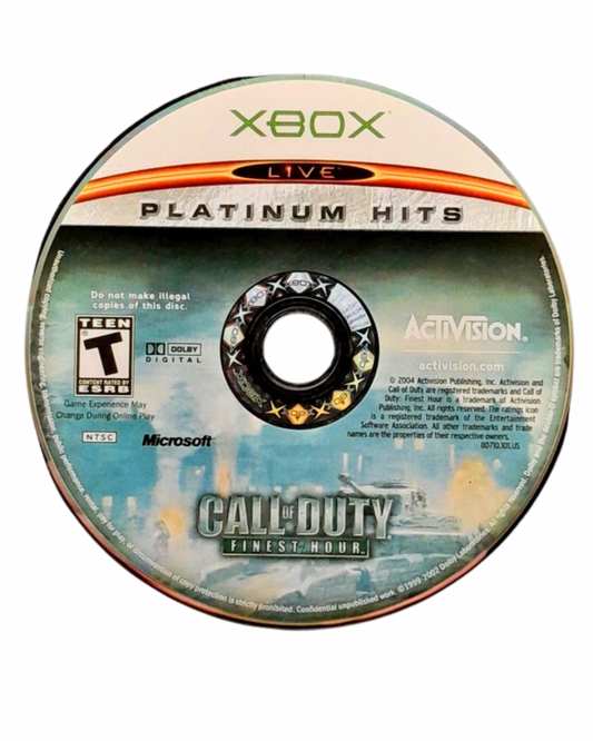 Call of Duty Finest Hour Platinum Hits for Xbox with World War II themed action visuals disc