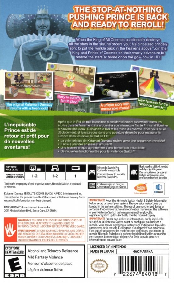 Katamari Damacy Reroll back of box for Nintendo Switch NS video game