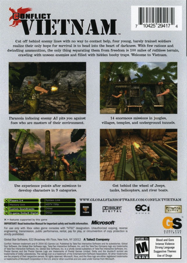 Conflict Vietnam for Xbox tactical military shooter video game featuring squad based combat Vietnam War missions strategic gameplay and immersive third person battlefield experience back cover art