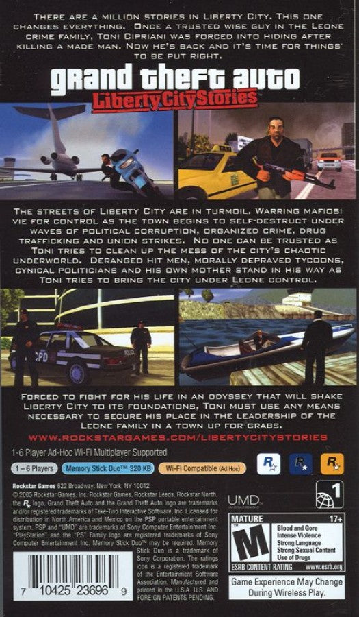 Grand Theft Auto: Liberty City Stories back cover art for PlayStation Portable (PSP) video game