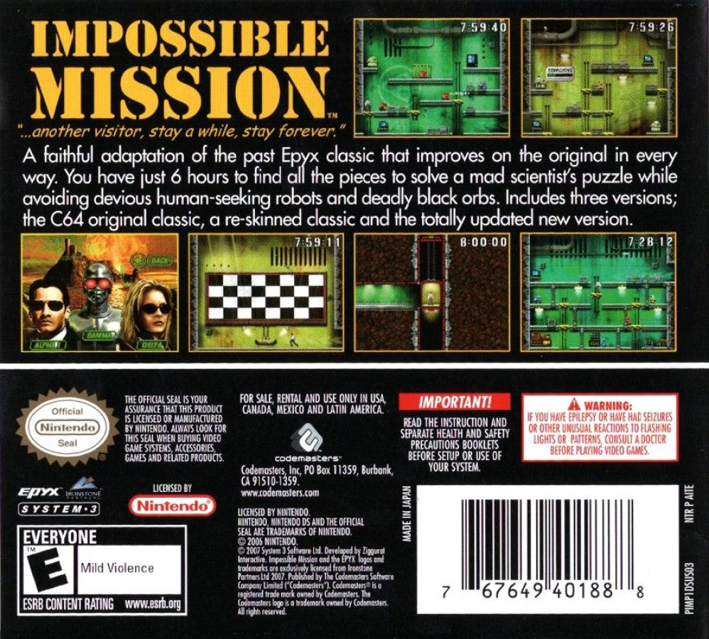 Impossible Mission back of case for Nintendo DS (DS) puzzle platforming adventure video game