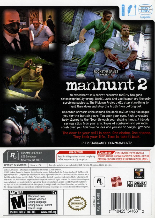Manhunt 2 back cover art for the Nintendo Wii (Wii) video game