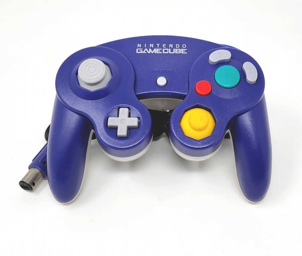 Indigo Clear Nintendo GameCube controller featuring translucent indigo shell wired connection analog control stick C stick dual shoulder triggers vibration feedback and classic ergonomic design for GameCube gameplay angled front
