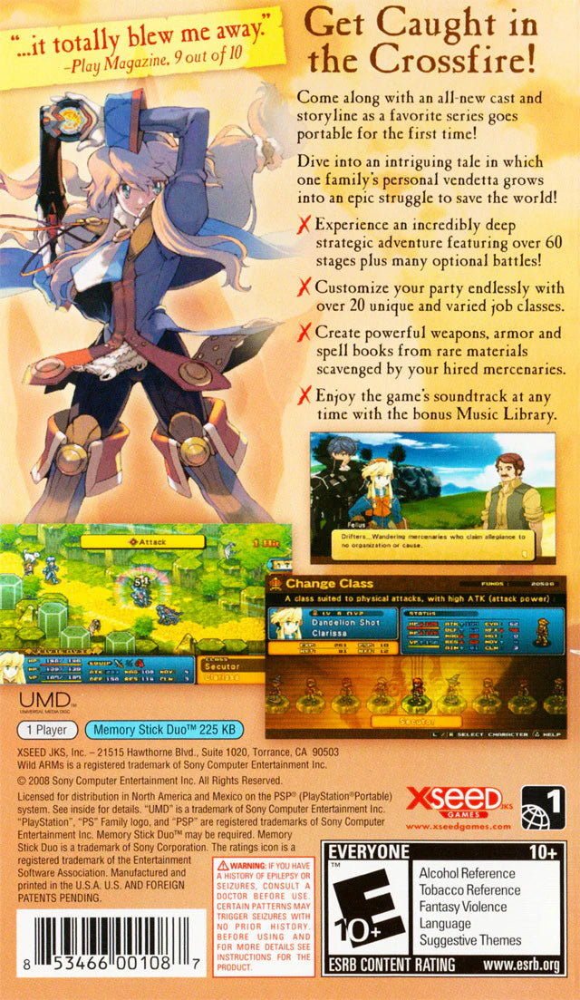 Wild Arms XF back of case for PlayStation Portable (PSP) tactical role-playing game