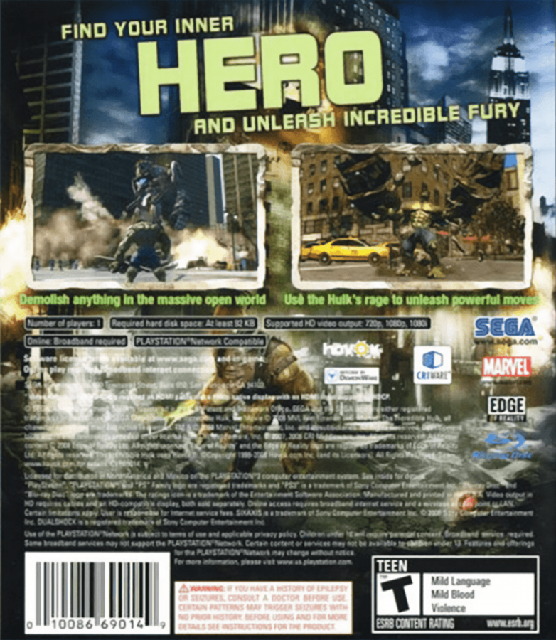 The Incredible Hulk back cover art for PlayStation 3 (PS3) video game
