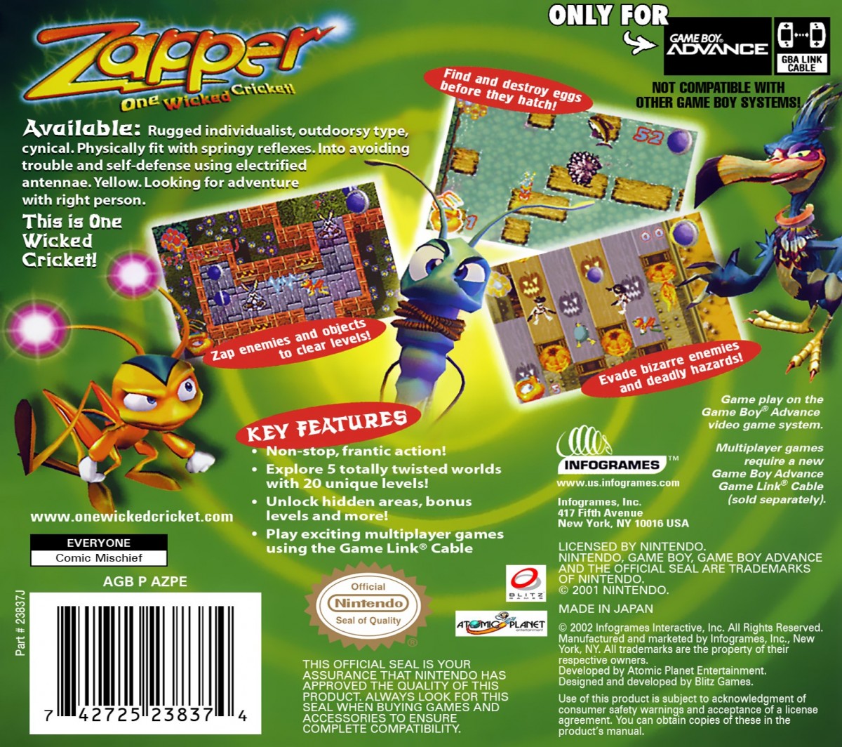 Zapper for Game Boy Advance, back of case for an action platformer video game with arcade-style gameplay, obstacle navigation, bug-themed levels, and fast-paced challenges