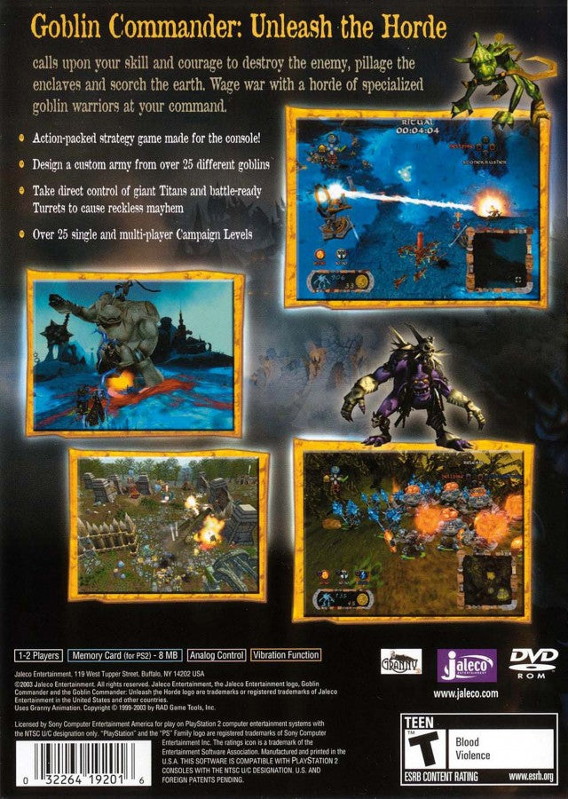 Goblin Commander: Unleash the Horde back of case for PlayStation 2 (PS2) fantasy real-time strategy action video game