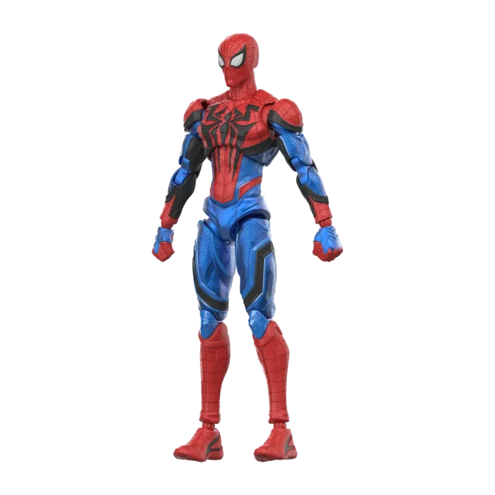 Blokees Marvel Rivals Champion Class 06 Spider Man collectible model kit inspired design featuring dynamic superhero action aesthetic iconic web slinger pose detailed armor style suit components articulated display figure Marvel gaming universe collectible presentation