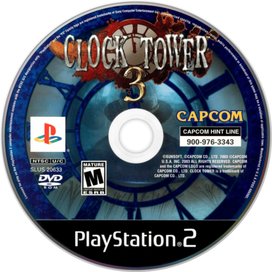 Clock Tower 3 PS2 Sony PlayStation 2 survival horror game point and click style adventure cinematic horror time travel storyline ghost enemies stealth and hiding gameplay Capcom psychological horror retro gaming PlayStation 2 software video game title disc