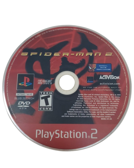 Spider-Man 2 Greatest Hits PlayStation 2 PS2 video game, open-world action adventure, superhero web-slinging gameplay, Marvel console title disc