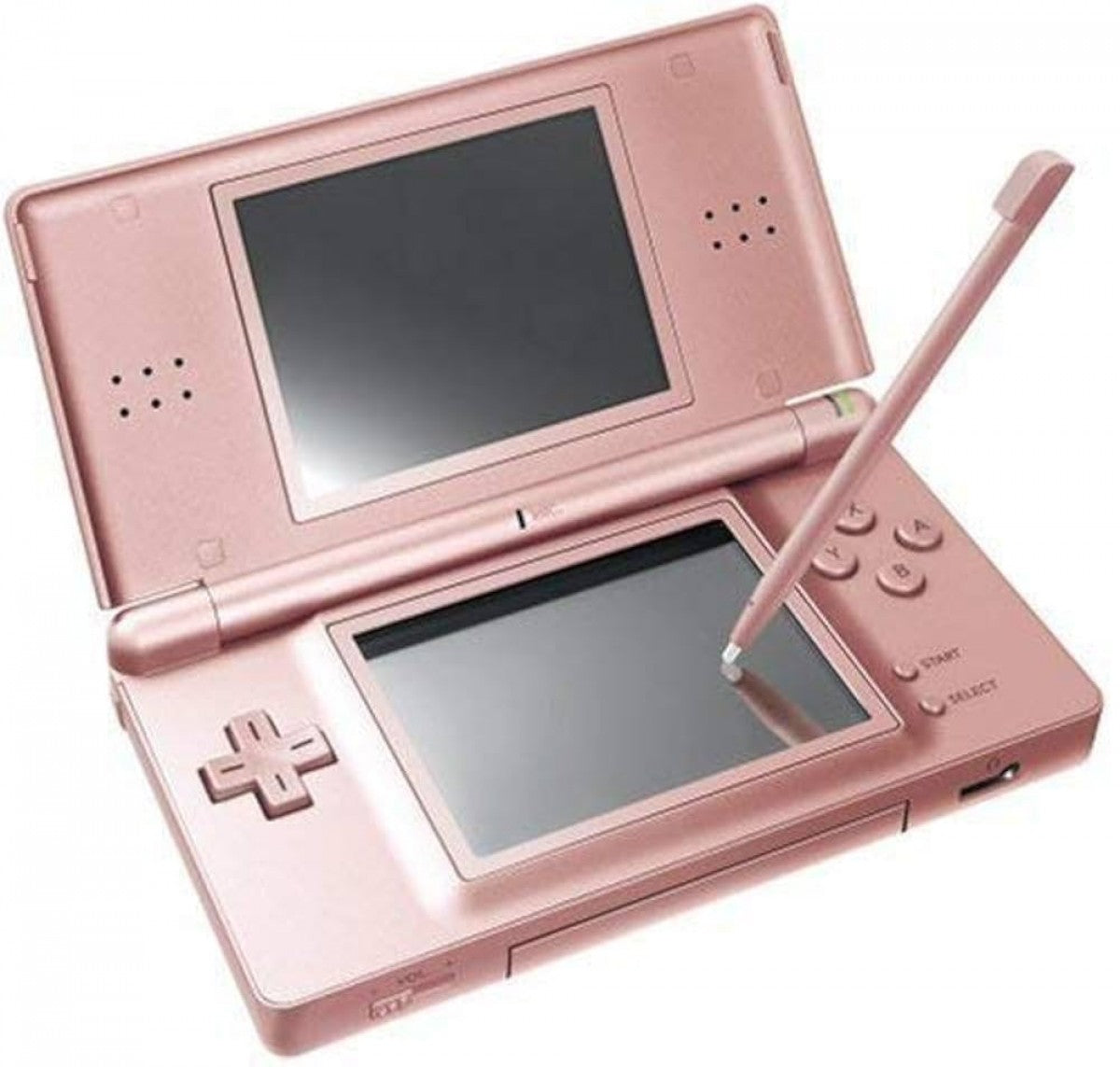 Rose Gold Nintendo DS Lite featuring dual screens, compact design, and elegant metallic finish open view of dual screens