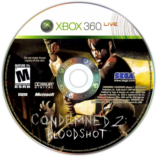 Condemned 2 Bloodshot game for the Xbox 360 featuring first person survival horror gameplay with brutal melee combat forensic investigation elements and a dark psychological storyline following detective Ethan Thomas disc