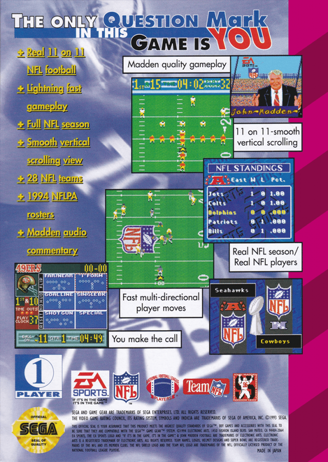 Madden NFL 95 back cover art for Game Gear (GG) football video game.