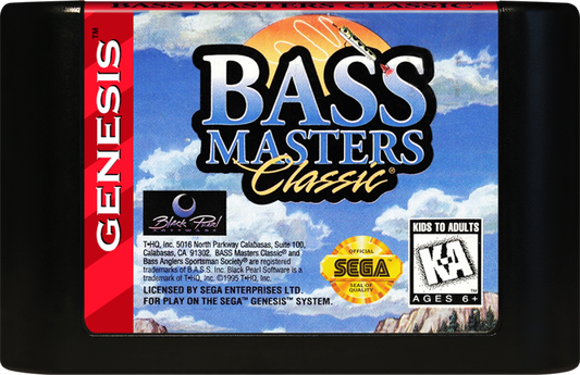 Bass Masters Classic retro Sega Genesis video game featuring competitive bass fishing gameplay, sports simulation action, tournament challenges and classic Genesis entertainment - cartridge