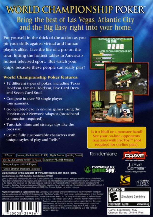 World Championship Poker Greatest Hits – PlayStation 2: Compete in professional poker tournaments with realistic card play and casino-style presentation back cover