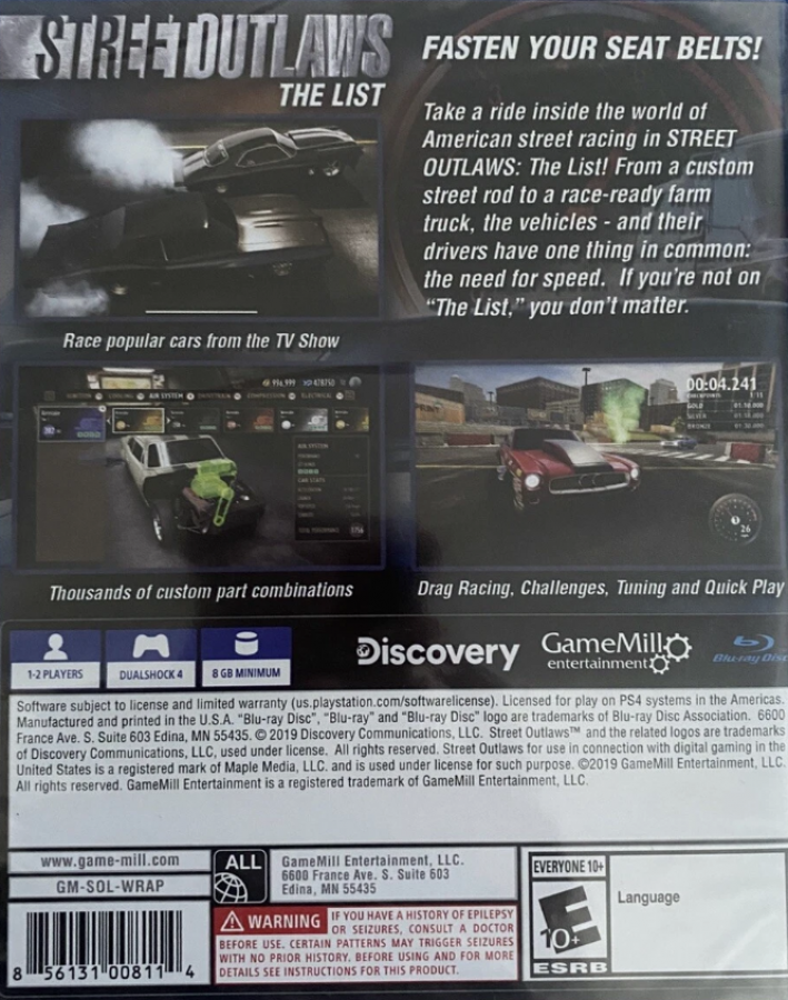 Street Outlaws: The List – PlayStation 4 (PS4) video game back of case, racing simulation