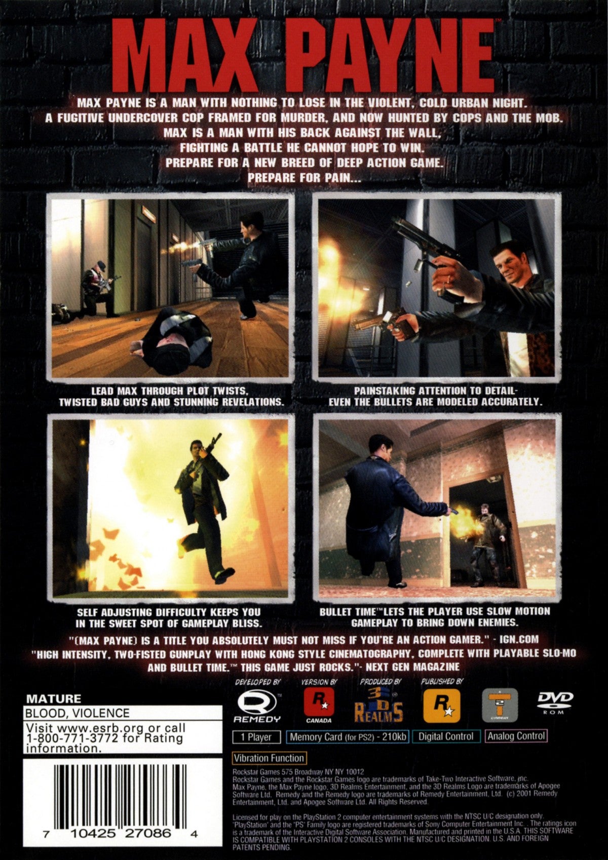 Max Payne PS2 Sony PlayStation 2 third person shooter noir action game bullet time slow motion combat gritty crime story revenge narrative Remedy Entertainment cinematic gameplay noir atmosphere retro gaming PlayStation 2 software video game title back cover art