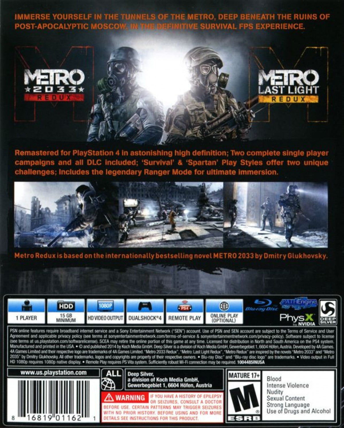 Metro Redux back cover art for PlayStation 4 (PS4) first-person shooter game.