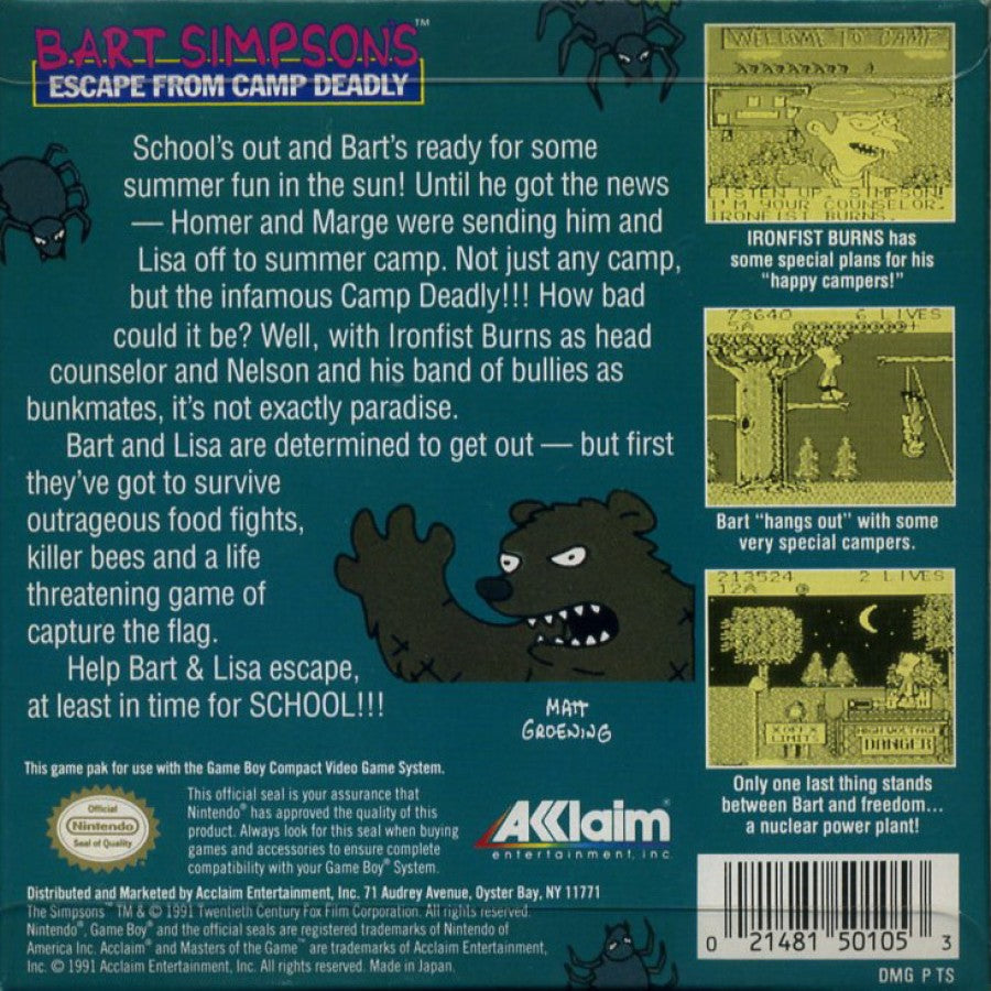 Bart Simpson's Escape from Camp Deadly Nintendo Game Boy GB for action platformer retro video game fans featuring Bart Simpson adventure side scrolling gameplay camp exploration cartoon inspired challenges enemy encounters classic handheld gaming collectible gaming appeal back of case