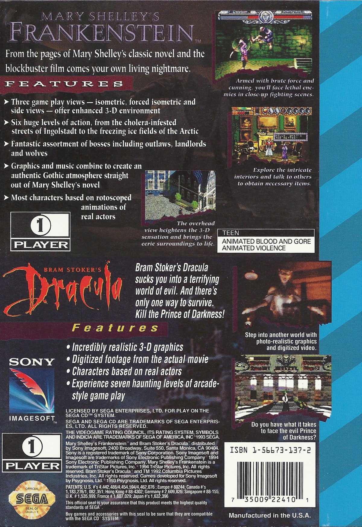 Mary Shelley’s Frankenstein and Bram Stoker’s Dracula Sega CD dual movie tie in collection interactive cinematic FMV adventure games gothic horror storytelling puzzle solving platforming action based on classic literature and film adaptations retro gaming Sega CD software video game title back cover art