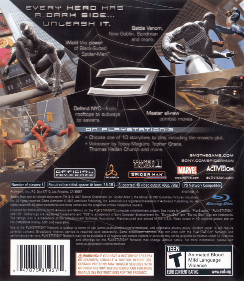 Spider-Man 3 PS3 action-adventure video game back cover art.