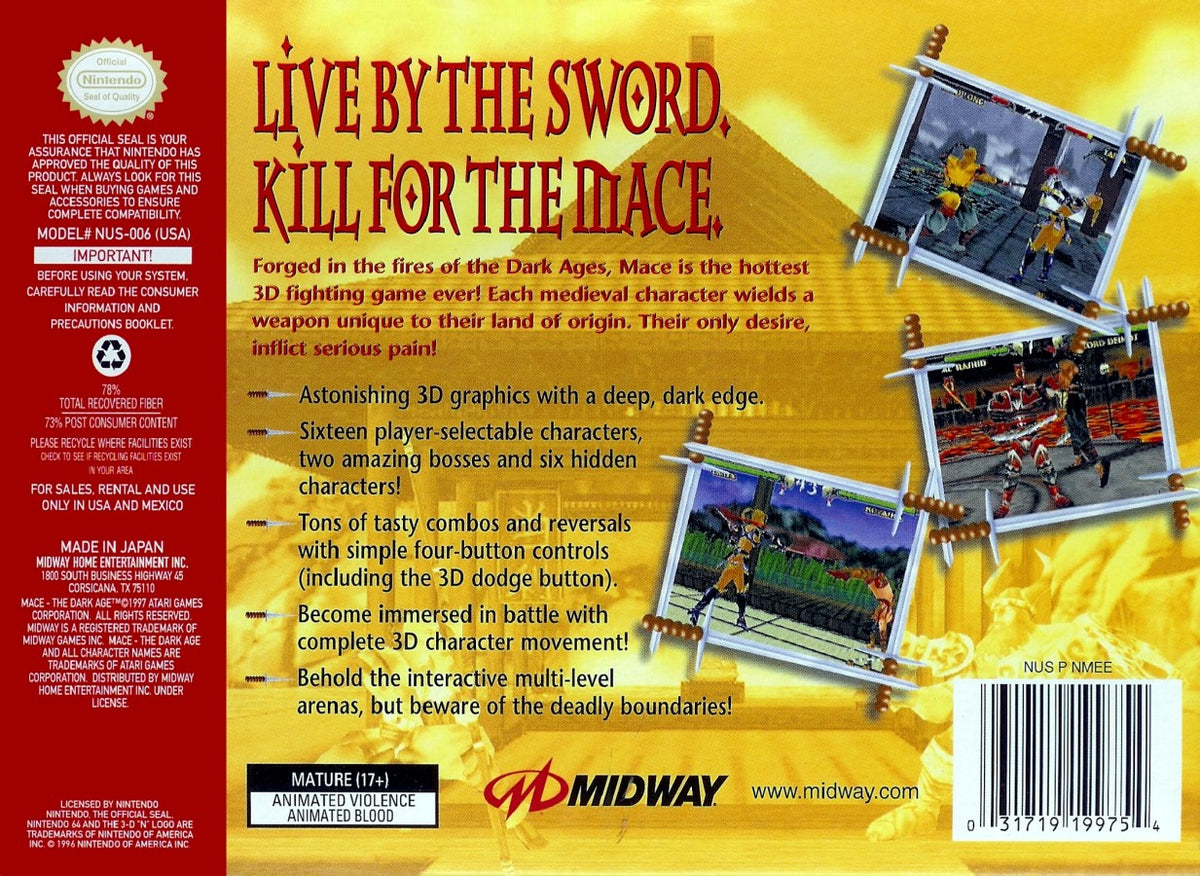 Mace The Dark Age Nintendo 64 N64 video game featuring 3D fighting gameplay medieval warriors weapon based combat special attacks arena battles character matchups fantasy environments and classic 64 bit Nintendo gameplay retro video game collection collectible gaming appeal back cover art