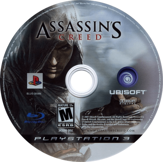 Assassin's Creed disc cover art for PlayStation 3 video game.