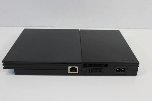 Retro PS2 Slim SCPH 90000 inspired design featuring sleek PlayStation 2 hardware aesthetic compact black console design iconic Sony gaming system integrated power supply streamlined form factor sixth generation gaming nostalgia presentation top rear